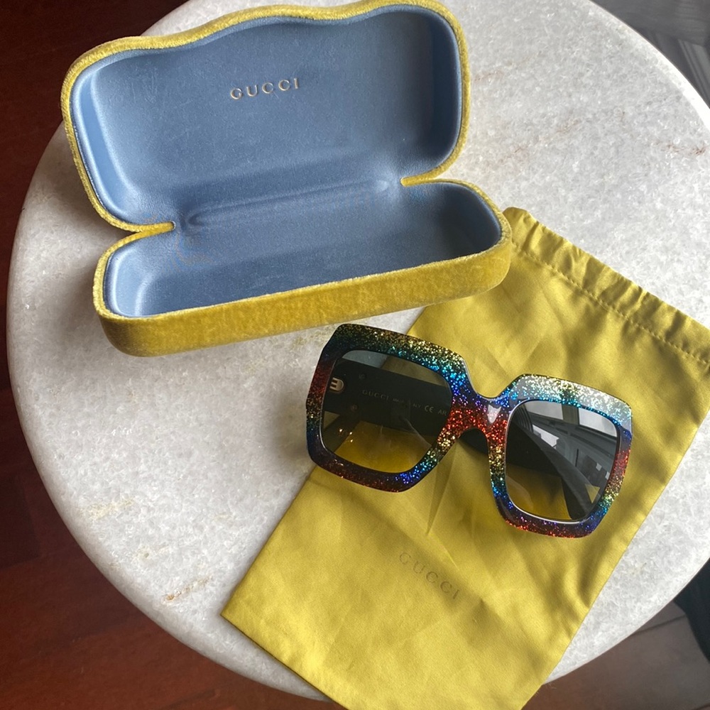 Gucci Glitter 0102 Oversized Rainbow Yellow Black Rubber Sunglasses GG0102S